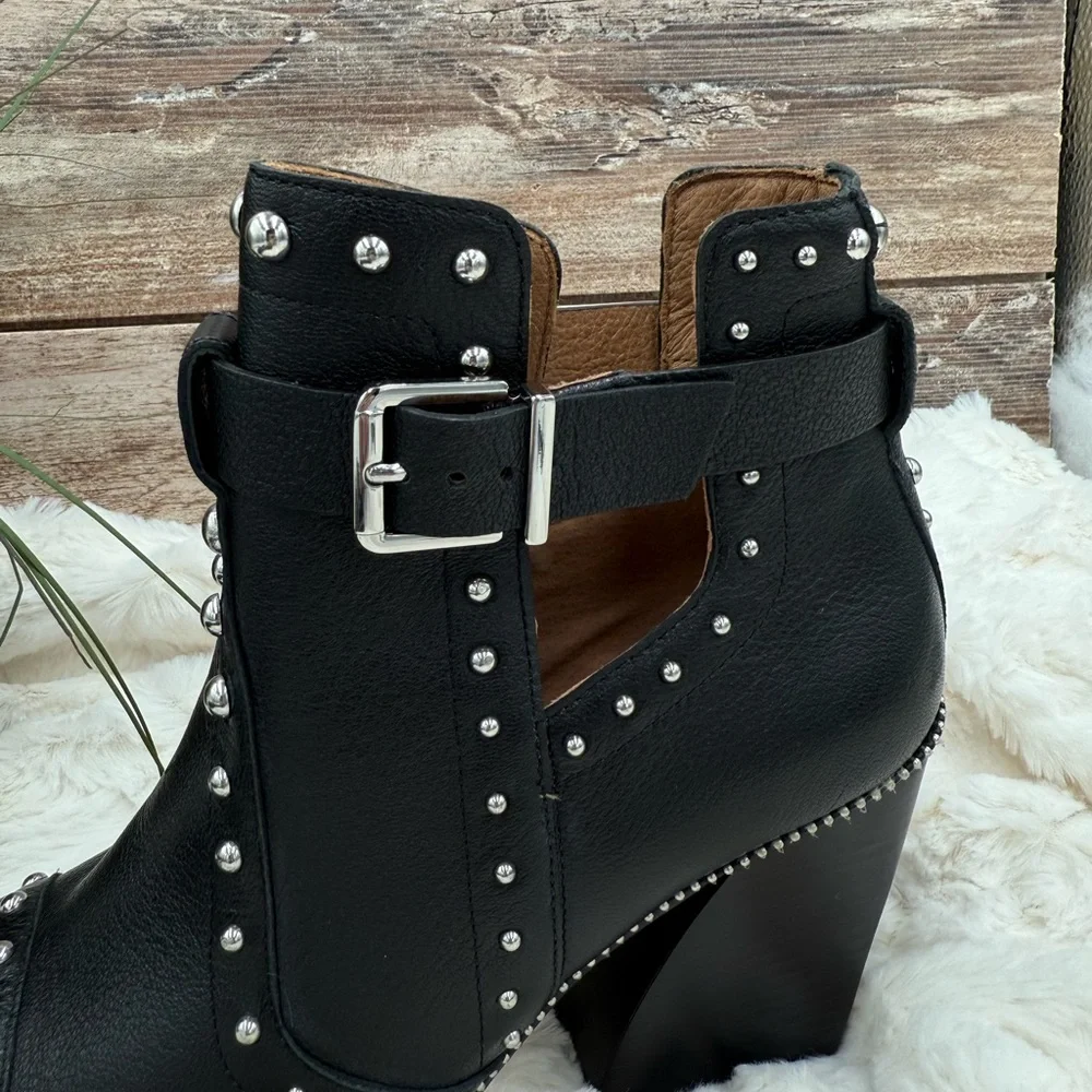 Antonio Melani Black Leather Block Heel Studded Ankle Boots with Buckle closure - Picture 14 of 16